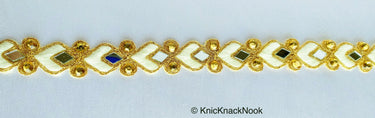 Off White And Gold Thread Lace Trim With Beads And Mirrors Embellishments Approx. 22mm, Decorative Fashion Trim Sari Border Trim by 9 Yards